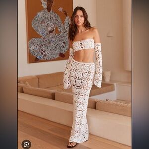 PEPPERMAYO S/M Sorrentino Crochet Long Sleeve Top and Maxi Skirt set in white